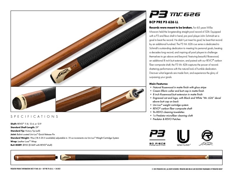Sold - Predator Limited P3 Rosewood mr 626 Pool Cue with