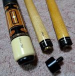 Schon 1993 Ltd. Cue (BUTT Curled, Script S; Shaft Logo's) Well-Worn Shafts; One 1993 & One Ear...jpg