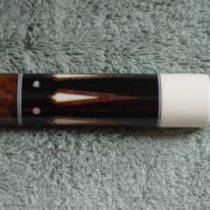 DSC07645 1 butt sleeve Ebony and Koa cue. ivory butt cap. 6 koa points with ivory inserts and 6 abaloney dots.