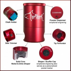 CueShark Original is engineered with patented shaper, perforator and side trimmer designs, it is the only tool to also include talc & chalk. No blades