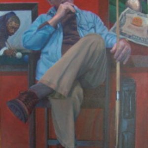 A recent self-portrait that I did for an online art show.  I  incorporated other paintings I've done on the left and right side, because without these