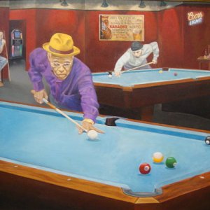 This is a large painting of a great old shooter, Mr. Barnes, down at the Blue Fox in Winchester, VA, who was kind enough to pose for this portrait.  P