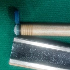 This is the same tip on my OB2 a few hours later.  I put several hours of play on the cue (drills) and reshaped the tip.  I took off the mushrooming, 