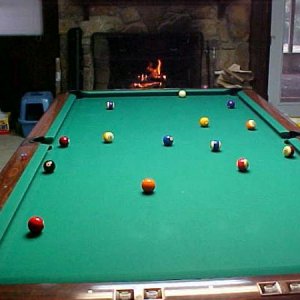 Pool table, fireplace going, Gold Crown 9'.