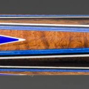 DZ Half splice Forearm : Black with Blue speck Linen wrap, Amboyna Ring-work with Lapis ovals. Amboyna Burl Point Blanks bordered with Double Royal Bl