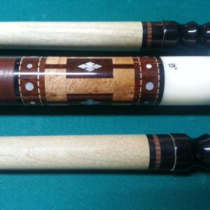 Gina Cue Butt with 4 Snake wood windows and Mother of Pearl inlays inside the windows.  Total of 16 Mother of Pearl inlays on the ring top and bottom 