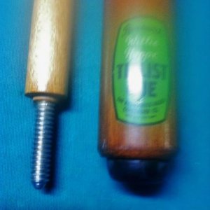 We also Know that the green curly Brunswick label was a 1 peice Titlist Cue that was converted by someone that goes unnamed. Notice the pin in the sha