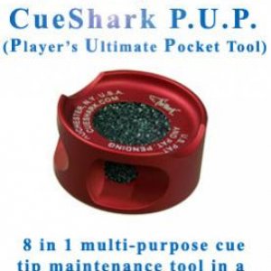 The CueShark P.U.P. (Players Ultimate Pocket-tool) Includes Nickel & Dime Radius Shaper/Scuffer,  Side Trimmer,  Tip Perforator,  Burnisher (10mm - 14