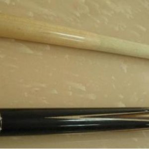Play Cue 1

Ivory sleeved 3/8 10" wood to wood into flat laminated cored ebony forearm. Scalloped ivory diamonds at A, B, C, D and E in double silver 