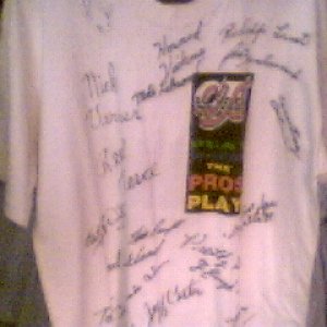 CJ Wiley's Dallas Open  tournament shirt 1995, the Million $ run of 11 racks by Earl Strickland, this shirt has the signatures of the following  parti