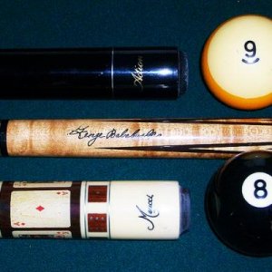 Top to Bottom:
Action Jump/Break Cue
Balabushka - Discontinued, made in '87
Meucci Gambler 3 with Custom Leather Wrap