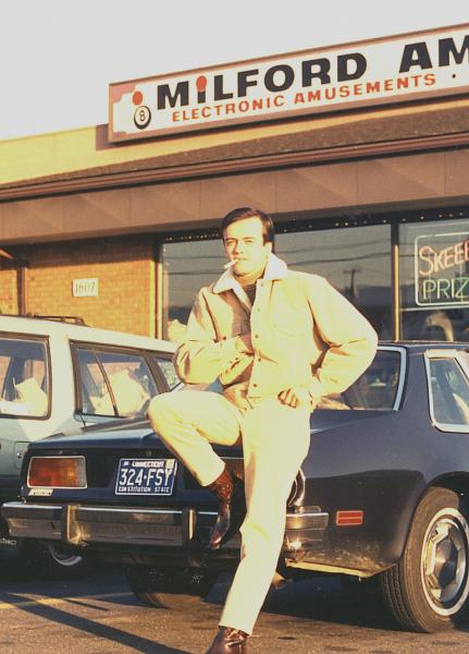 Autumn of '87 in Milford. Behind my back you can see a little part of the entry to the Milford Amusement Center. Looks much smaller as it was inside!
