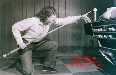 Billie Billing executing the Cue Ball Off the Mouth Trick Shot
Julian's Billiards 1980