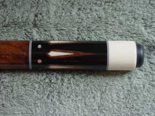 DSC07645 1 butt sleeve Ebony and Koa cue. ivory butt cap. 6 koa points with ivory inserts and 6 abaloney dots.