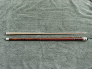 DSC07648 1 curly koa cue with leather wrap and synthetic inlays and lettering in butt sleeve.