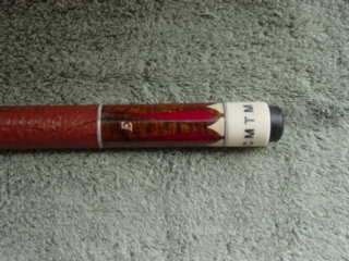 DSC07649 1 butt sleeve of curly koa cue with synthetic inlays and lettering in sleeve and butt cap.