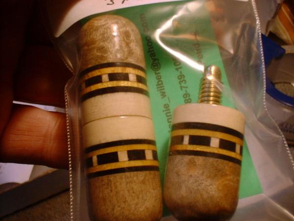 DSCF0400
 Ebony stained Birdseye upper with Ebony and YellowHeart rings each side of Stich ring with Holly Base 
 Round Top with smooth sides