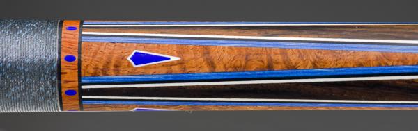 DZ Half splice Forearm : Black with Blue speck Linen wrap, Amboyna Ring-work with Lapis ovals. Amboyna Burl Point Blanks bordered with Double Royal Bl