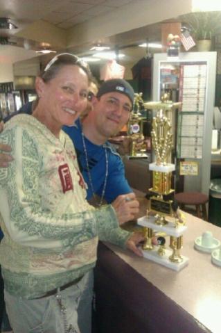 Hall of fame.Jean Balukas signs my trophy after taking 8ball...