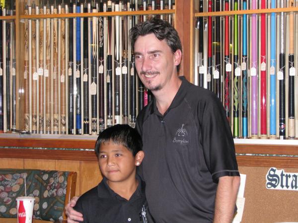Hall of famer Johnny Archer, a true gentleman, and our local 8 year old pool phenom Jontel Baritua.