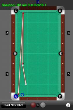 Hit rail 3 at 9/16th diamond.  Zoom in on the blue bulls eye at the bottom of the screen and you will see the shot line starts  just shy of the 1/2 di