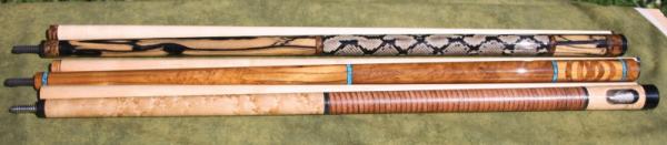 IMG 1121--#5,6&7-#5,bem,stack leather wrap,3window butt sleeve w/broadhead.#6 teak burl into teak w/turquoise rings.#7 b&w ebony,python snake skin wra