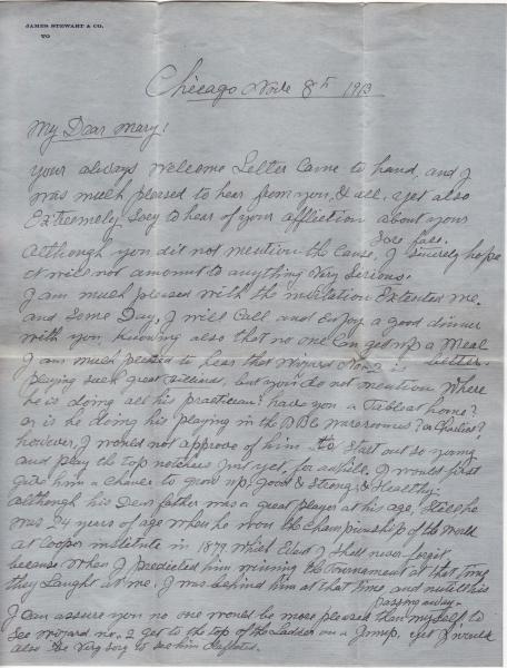 John Kammerer's letter from Chicago, to his daughter Mary in San Francisco. (widow of Jake Schaefer Sr.) John is concerned about Jake Schaefer Jr. bei