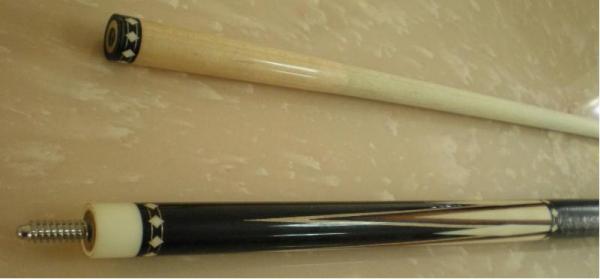 Play Cue 1

Ivory sleeved 3/8 10" wood to wood into flat laminated cored ebony forearm. Scalloped ivory diamonds at A, B, C, D and E in double silver 