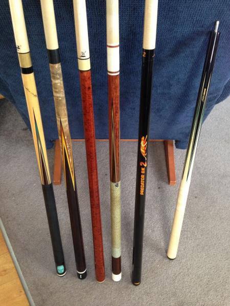 Pool Cues
L-R
Predator Willie Hoppe LE 350/500
Corsair RTitlist-3
Predator P2LE 43/50
KC Titlist with Corsair Ivory work
Predator BK2 Wrapless
(Predat