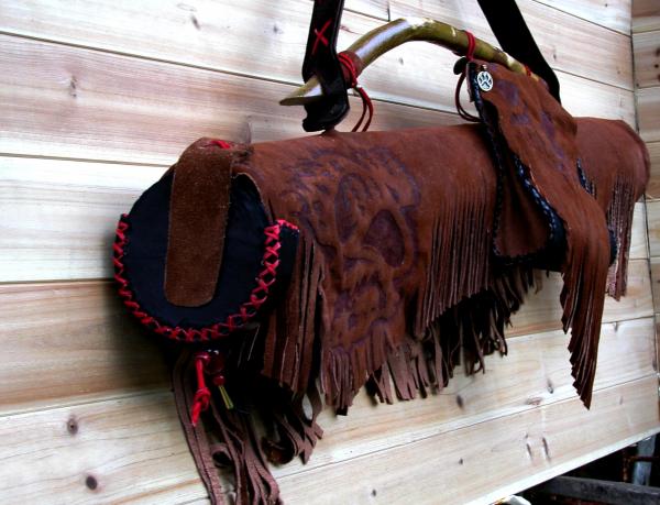 Prairie Primitive collection cases have no fur, a unique wood handle, custom sized accessory and/or jump stick bag, adjustable strap and padded insert