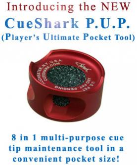The CueShark P.U.P. (Players Ultimate Pocket-tool) Includes Nickel & Dime Radius Shaper/Scuffer,  Side Trimmer,  Tip Perforator,  Burnisher (10mm - 14