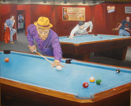 This is a large painting of a great old shooter, Mr. Barnes, down at the Blue Fox in Winchester, VA, who was kind enough to pose for this portrait.  P