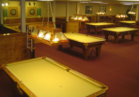 Upscale yet casual and fun atmosphere.   Eleven oak pool tables.